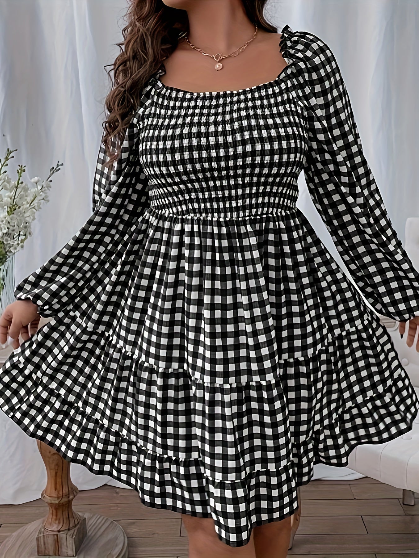 Gingham Print Lantern Sleeve Square Neck Dress