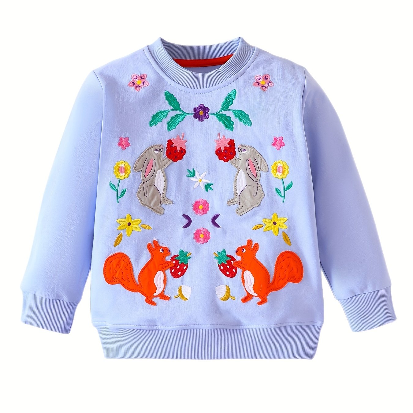 Girls Bunny Fox Fruit Embroidery Sweatshirt Top Pullovers