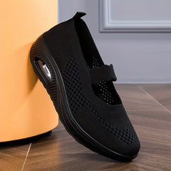 Solid Knit Walking Shoes Ankle Strap Slip On Air Cushion Casual Sneakers