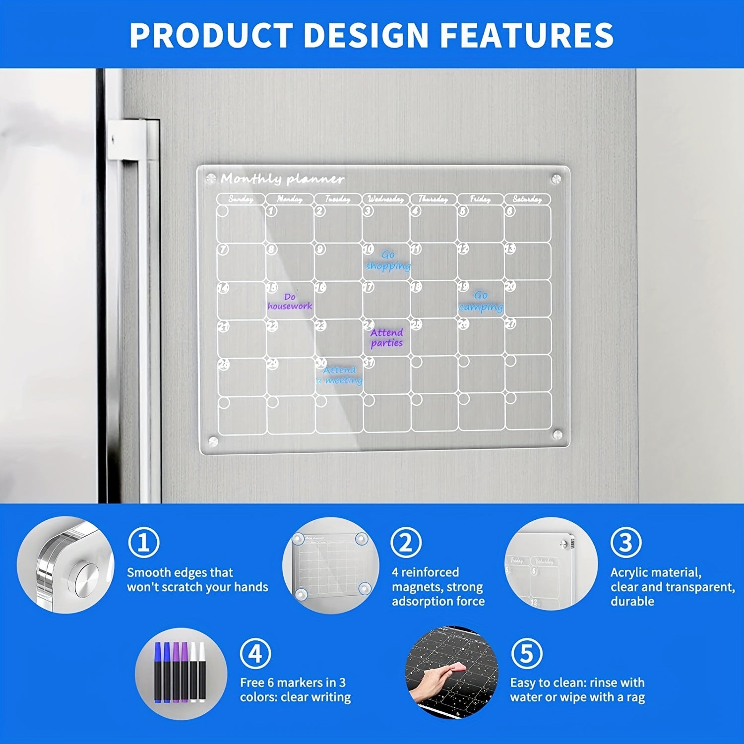 Magnetic Monthly Calendar & 6 Markers