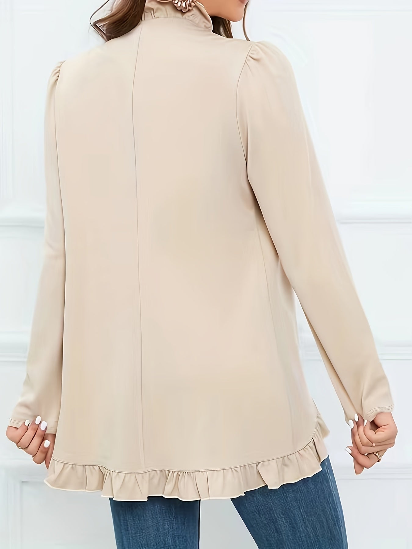 Casual Cardigan Women's Plus Solid Long Sleeve Open Front Ruffle Trim