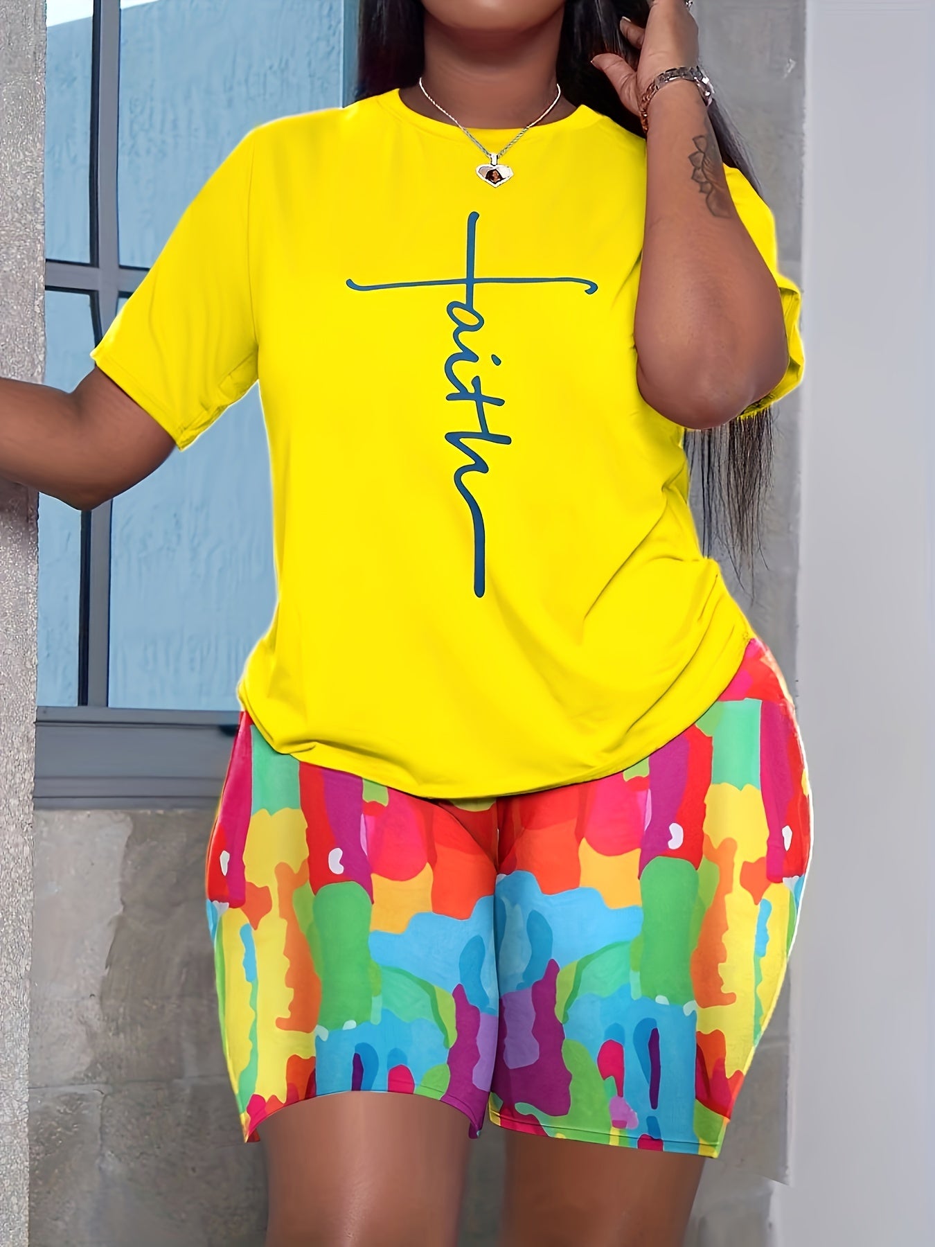 Women's Plus Cross Letter Print Tee & Tie Dye Shorts Set