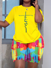 Women's Plus Cross Letter Print Tee & Tie Dye Shorts Set