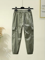 Boys Casual Cotton Cargo Pants Elastic Waist Jogger Pants