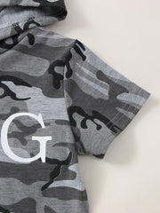 Boys Camo Print Cotton Hooded Top with KING Print & Shorts