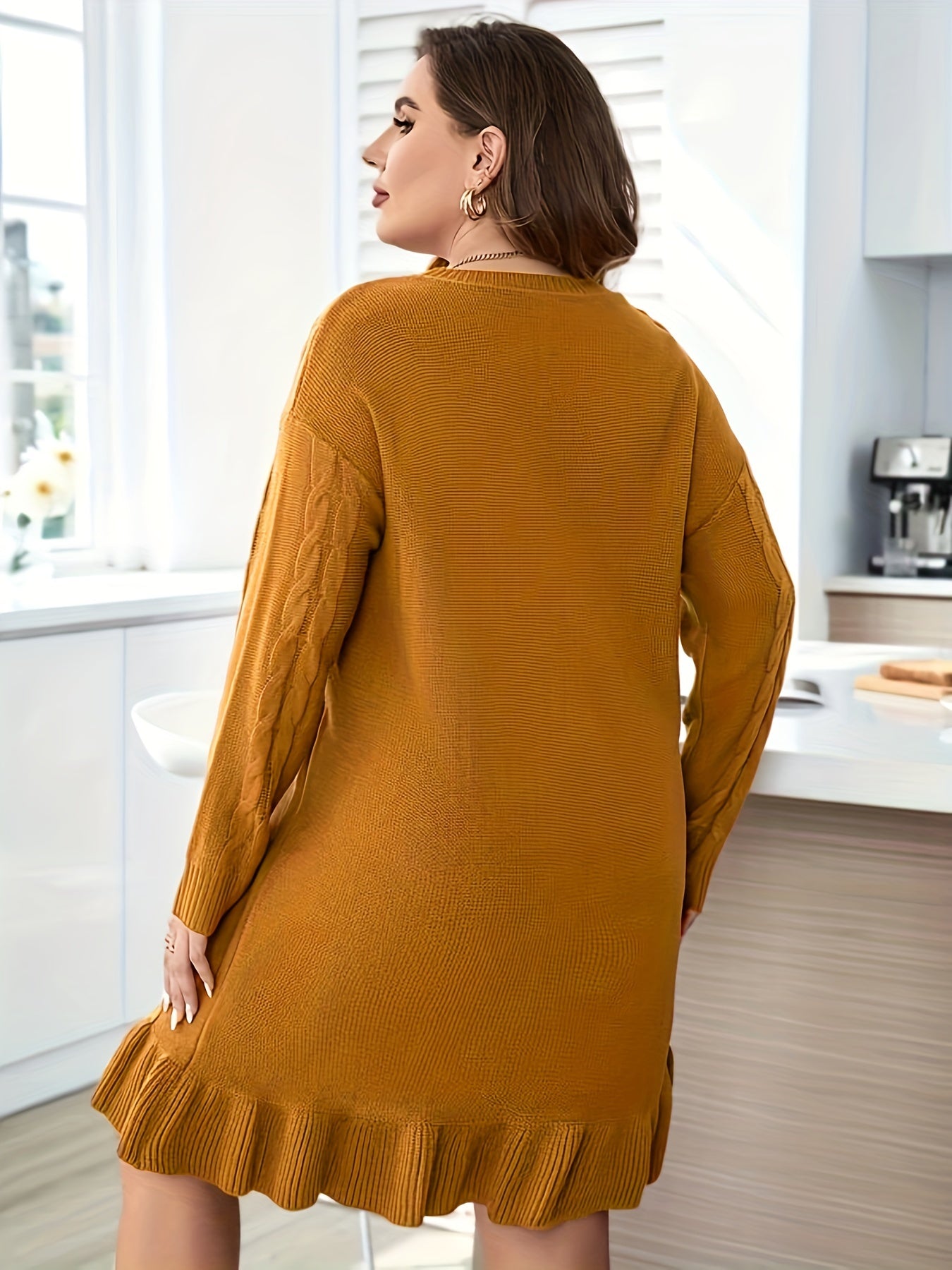 Casual Sweater Dress Women's Plus Solid Cable Knit Round Neck Long Sle