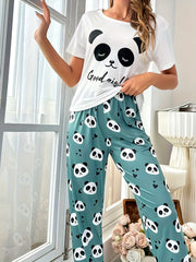 Panda Print Pajama Set Short Sleeve Top & Pants