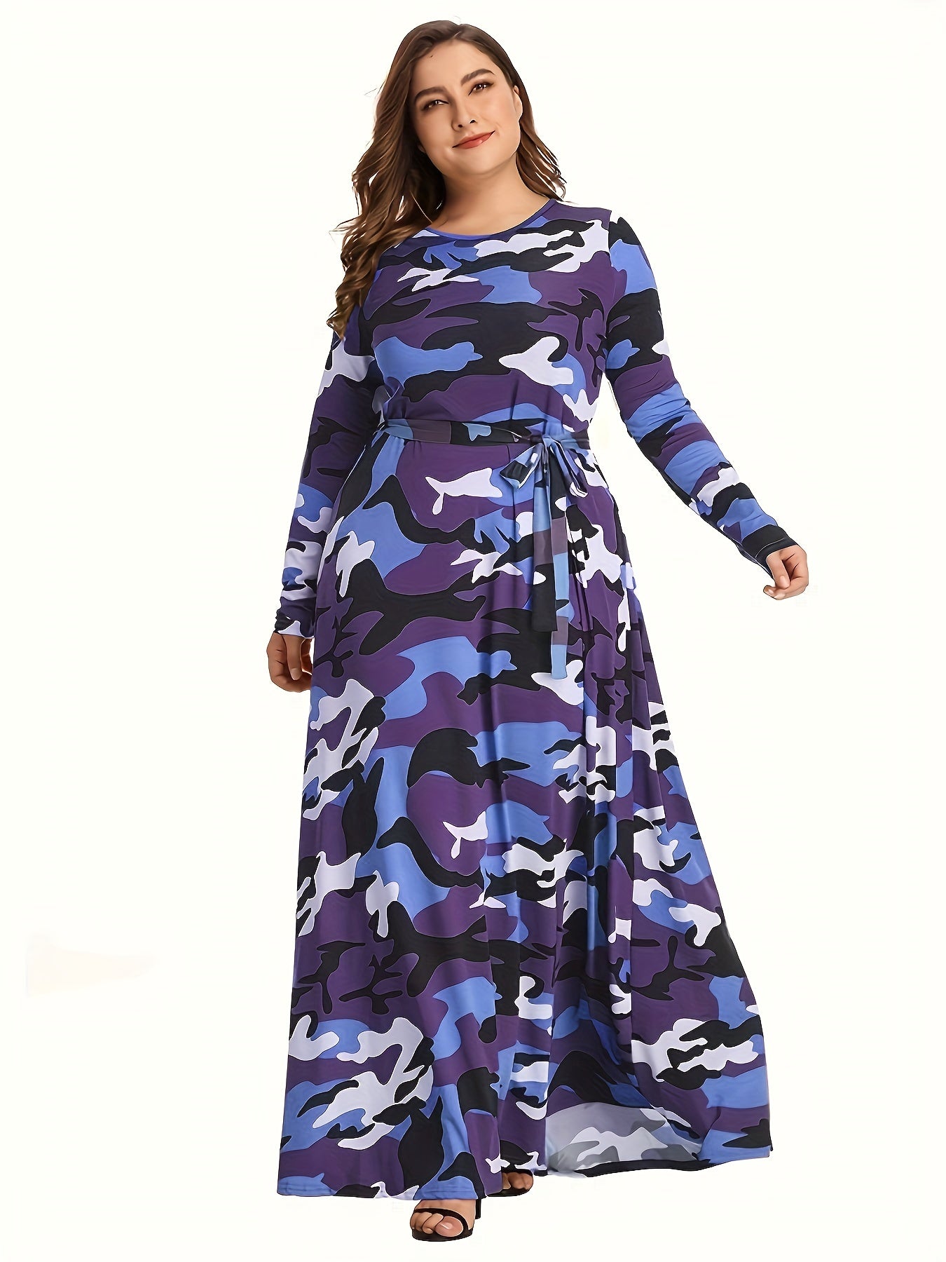 Camo Print Long Sleeve Maxi Dress With Belt