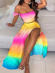 Gradient Sext Two piece Set Shirred Off Shoulder Tops & High Waist Maxi Skirts