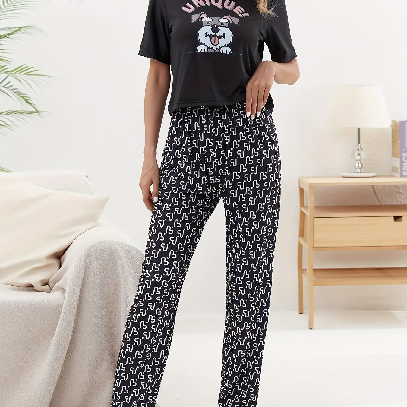 Cartoon Dog Print Pajama Set Women's Sleepwear & Loungewear