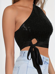 Sequin Crop Tank Top Casual Tie Front Sleeveless Summer Top