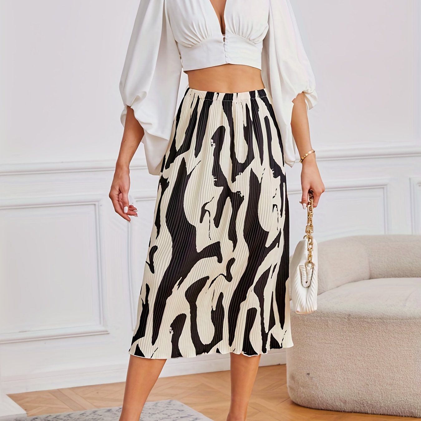 Abstract Print Ribbed Skirts High Waist Midi Skirts