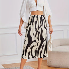 Abstract Print Ribbed Skirts High Waist Midi Skirts