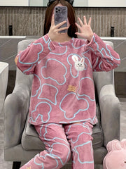 Bunny Print Fuzzy Pajama Set Long Sleeve Crew Neck Top & Elastic Waistband Pants