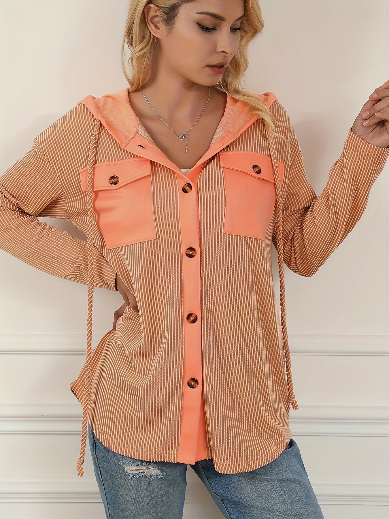 Striped Button Hooded Jacket With Rope Drawstring Decor