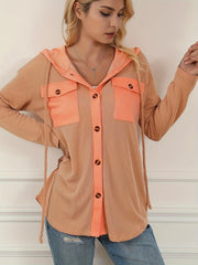 Striped Button Hooded Jacket With Rope Drawstring Decor