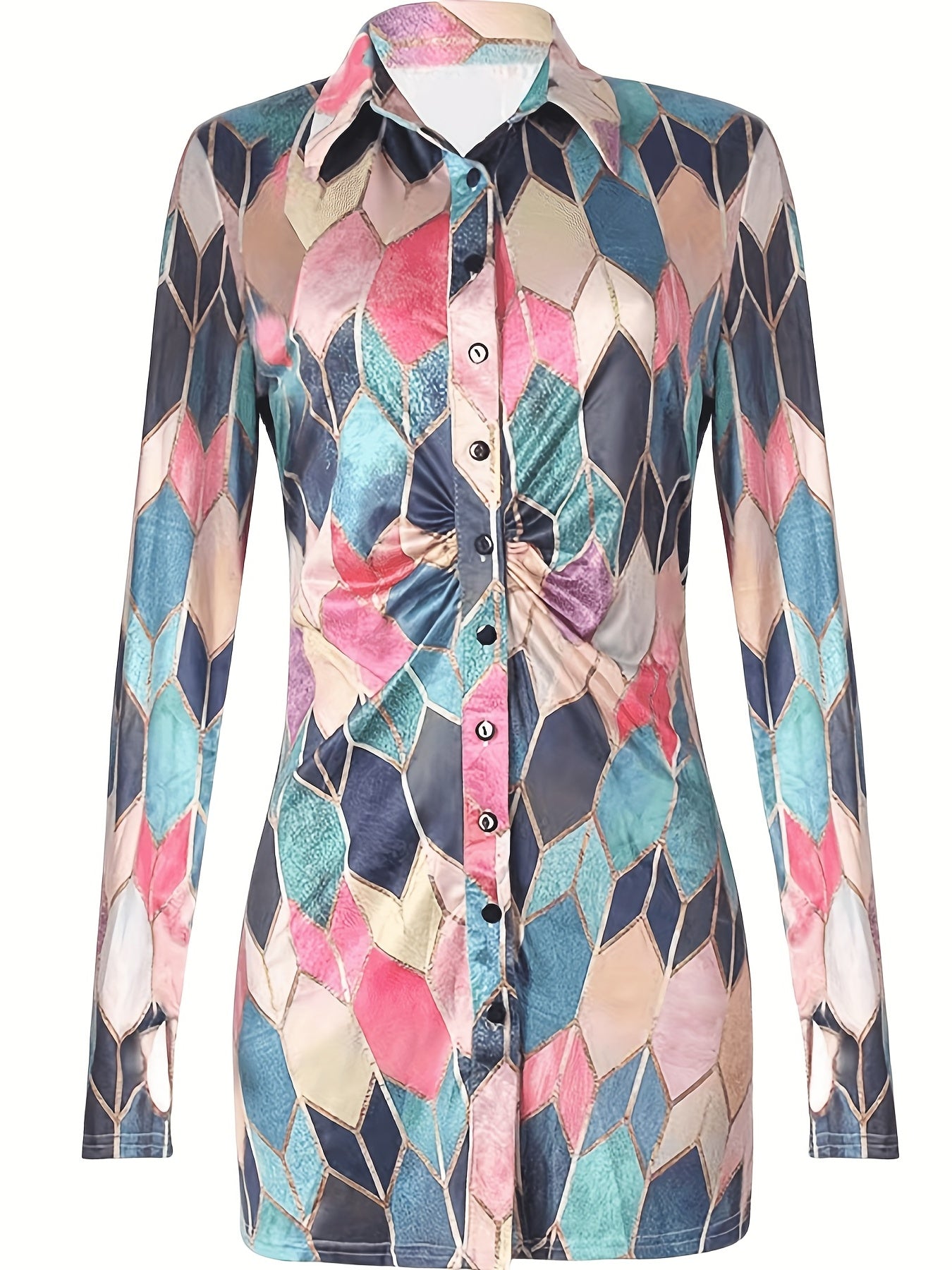 Argyle Print Shirt Dress Long Sleeve Mini Dress Women's Clothing