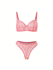 Heart Print Mesh Bra & Panty Lingerie Set