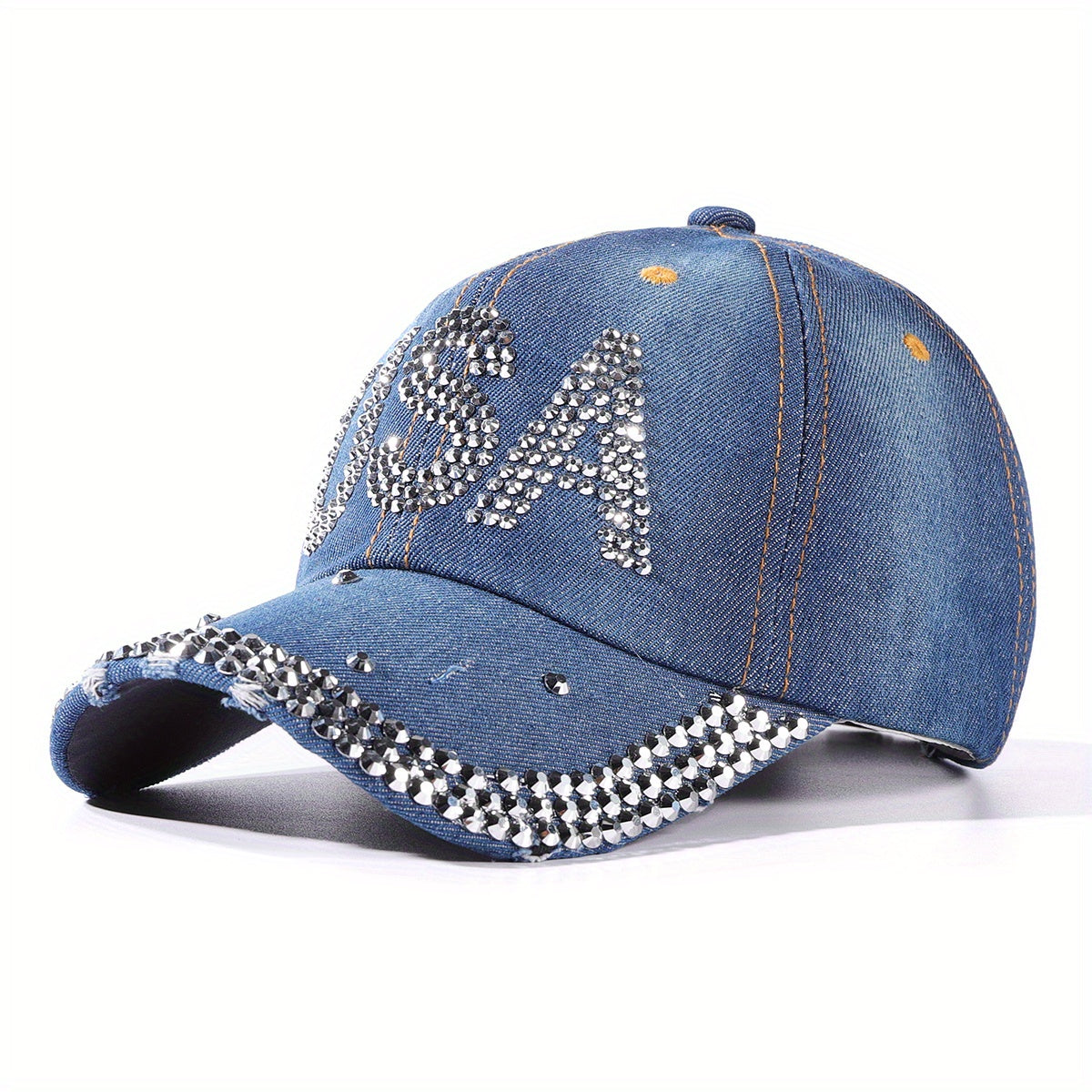 Rhinestone Heart Baseball Cap Denim Distressed Sun Hat Adjustable