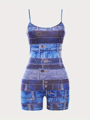 Denim Print Spaghetti Strap Romper Summer Casual Outfit