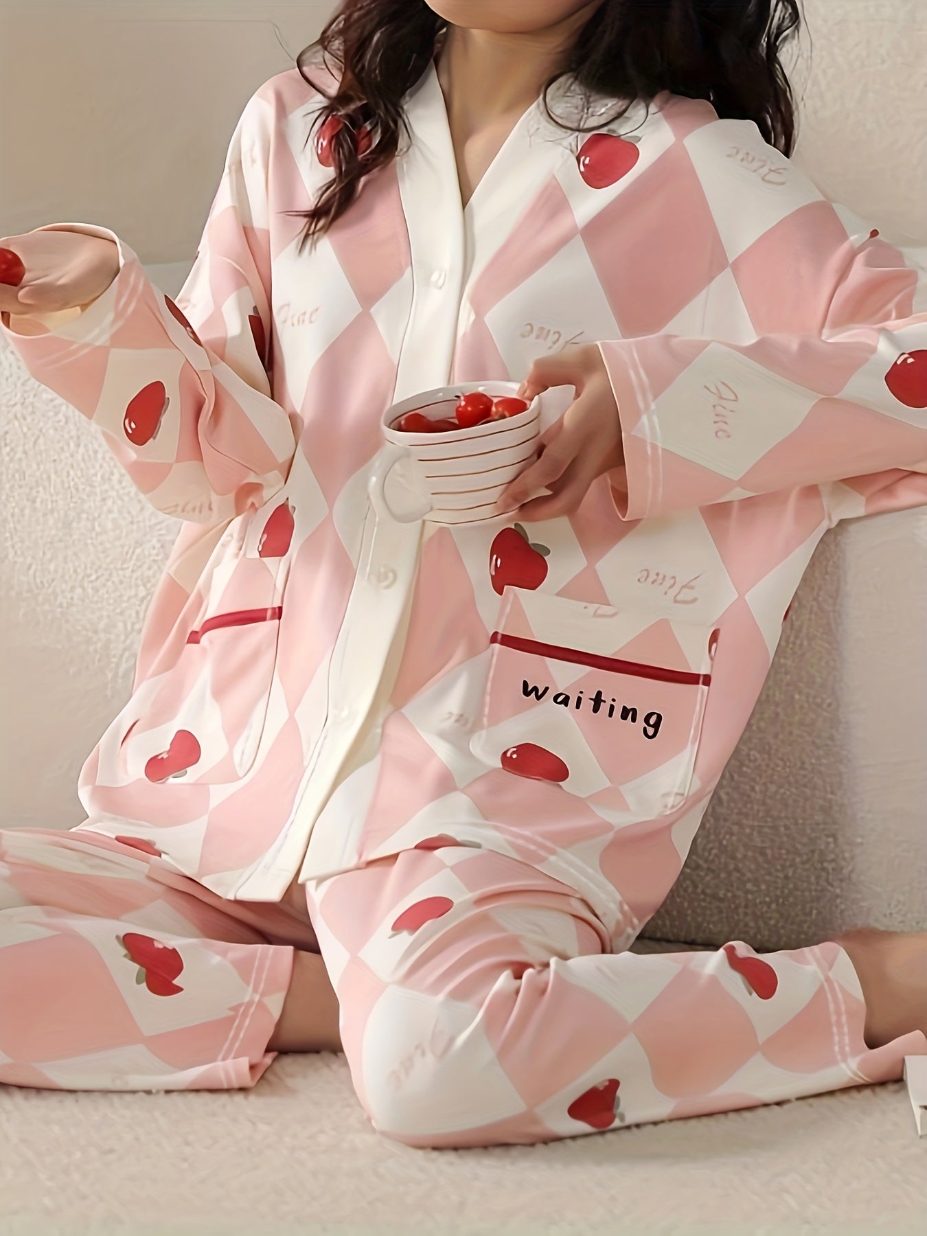Fruit Print Pajama Set Long Sleeve V Neck Buttons Top & Argyle Pants