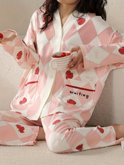 Fruit Print Pajama Set Long Sleeve V Neck Buttons Top & Argyle Pants