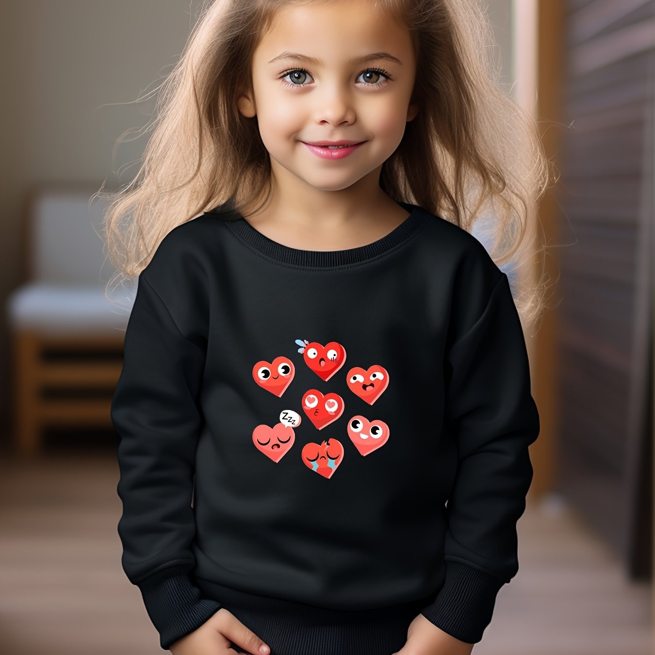 Hearts Print Girls Casual Pullover Sweatshirt Long Sleeve Crew Neck Tops