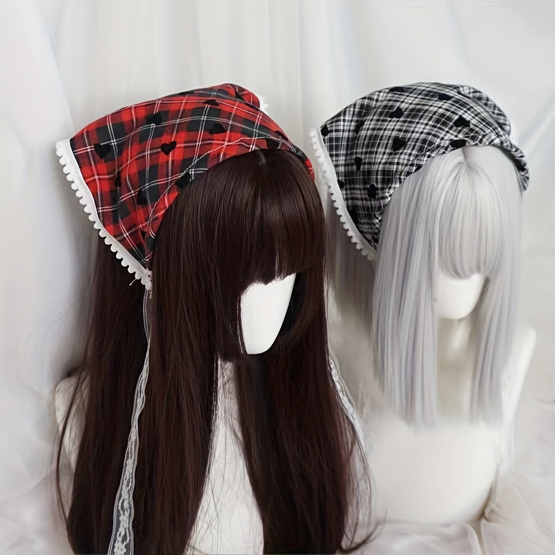 Vintage Lace Up Triangle Scarf Plaid Pattern British Style Headband