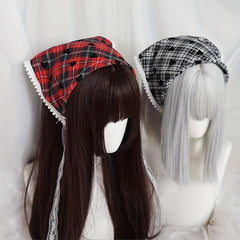 Vintage Lace Up Triangle Scarf Plaid Pattern British Style Headband