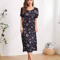 Starry Print NightDress Short Sleeve Crew Neck Pajama Dress