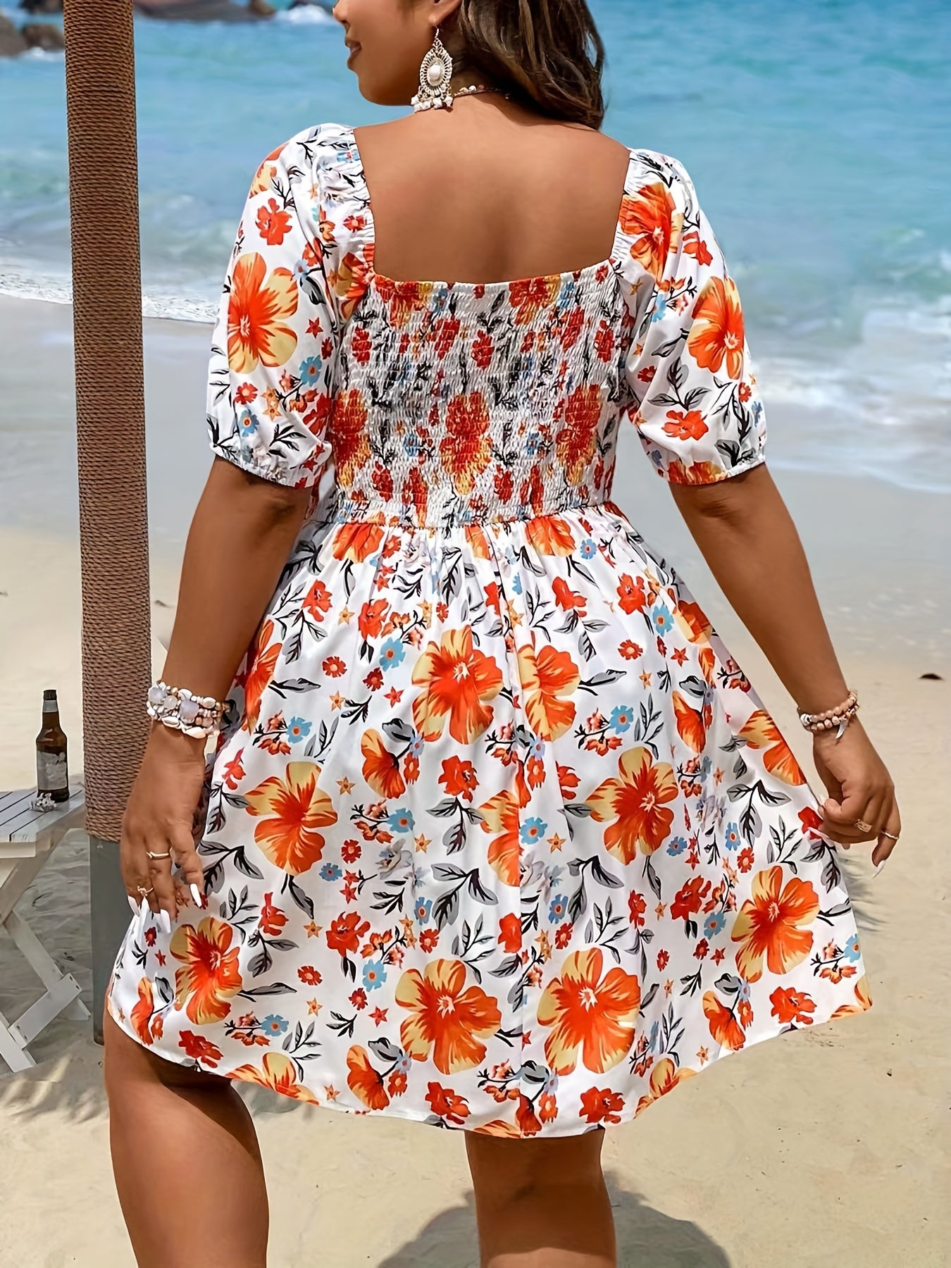 Floral Print Tie Front Puff Sleeve Square Neck Split Mini Dress