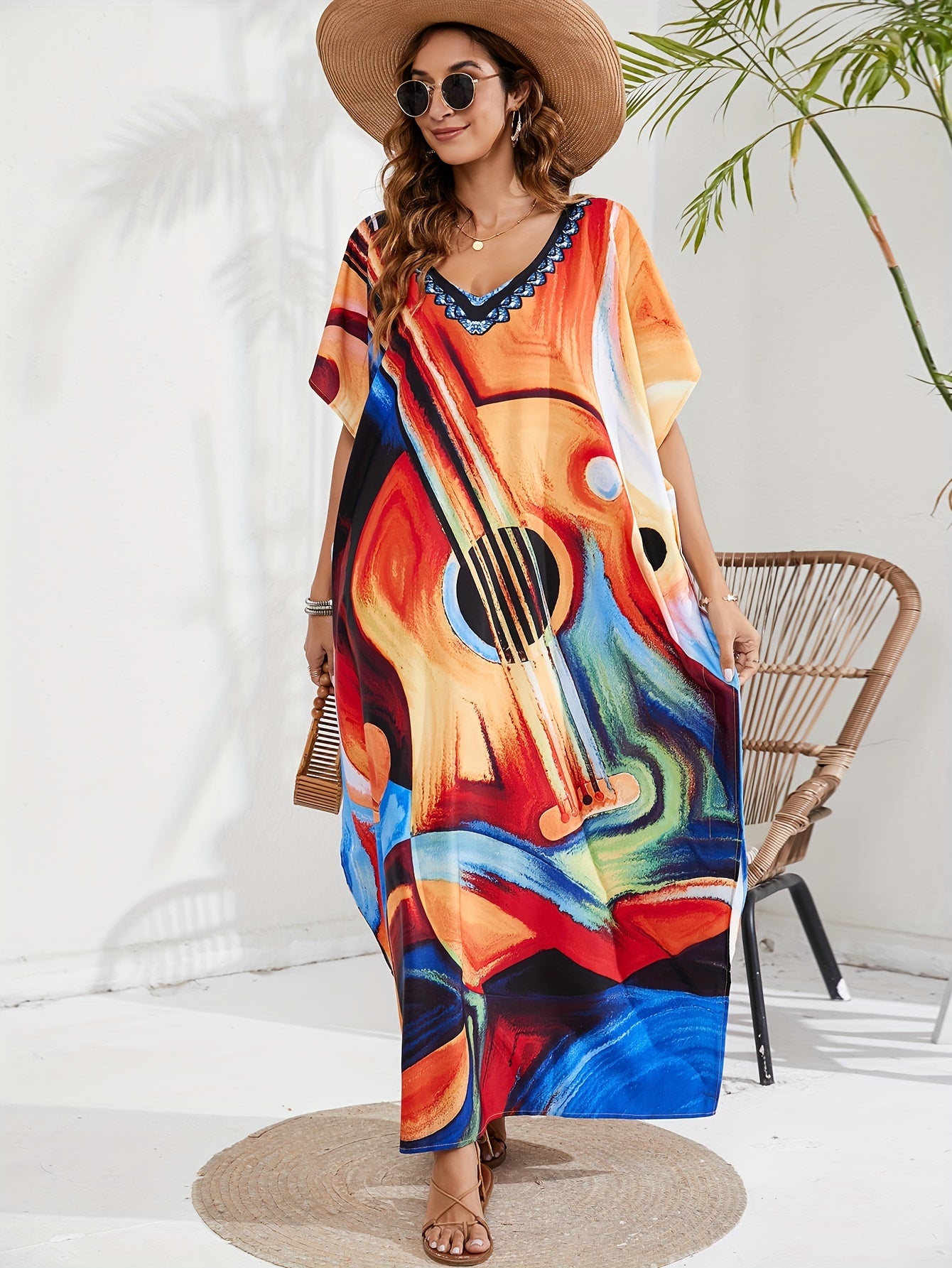 Abstract Print Batwing Sleeve V Neck Kaftan Beach Cover Up Dress