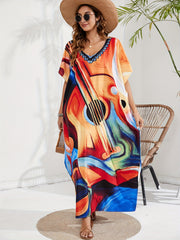 Abstract Print Batwing Sleeve V Neck Kaftan Beach Cover Up Dress