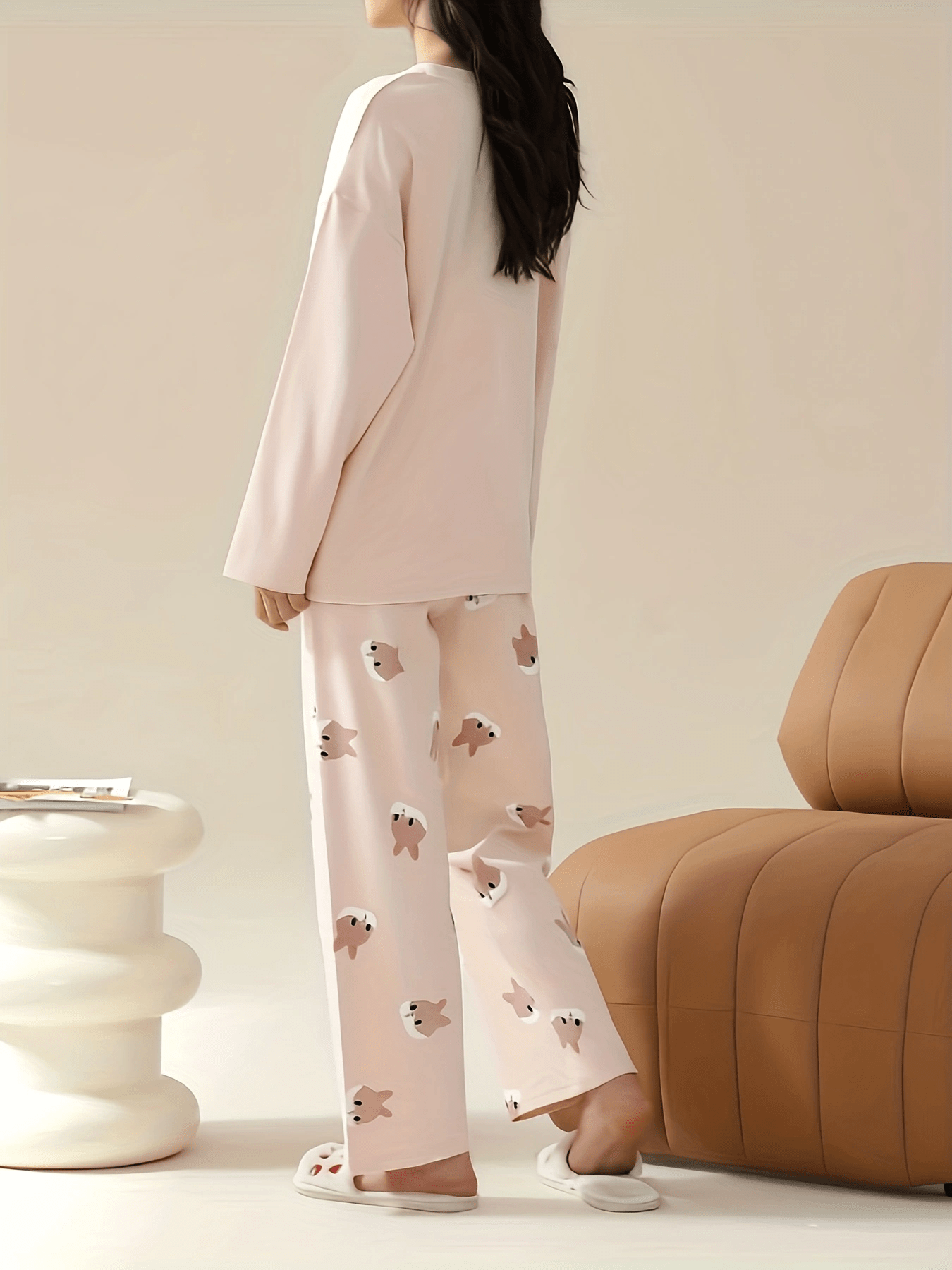 Bunny Print Pajama Set Long Sleeve Crew Neck Top & Pants Women's Sleepwear