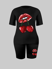 Women's Plus Lips & Cherry Print Short Sleeve T shirt & Shorts 2pcs Set