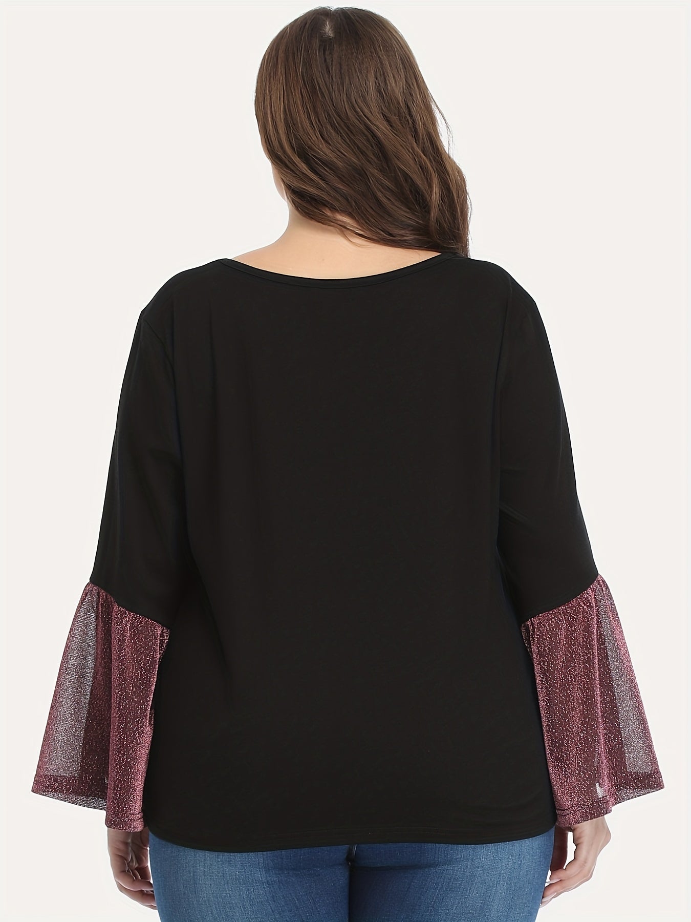Colorblock Glitter Bell Sleeve Round Neck Top