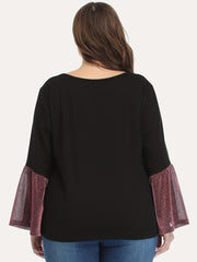 Colorblock Glitter Bell Sleeve Round Neck Top