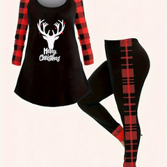 Elk & Plaid Print Top & Leggings Outfits Set