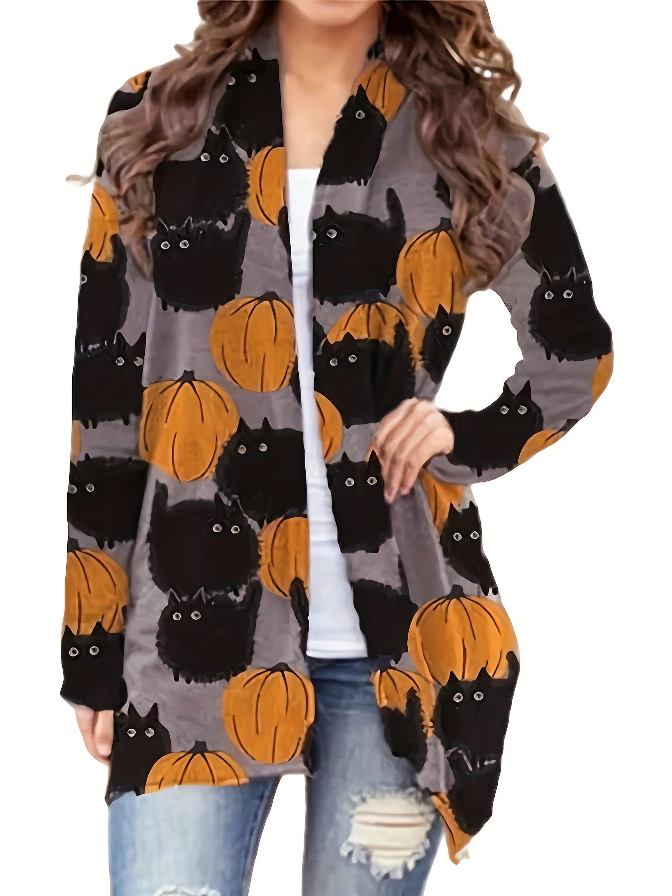 Halloween Allover Print Cardigan Open Front Long Sleeve Cardigan