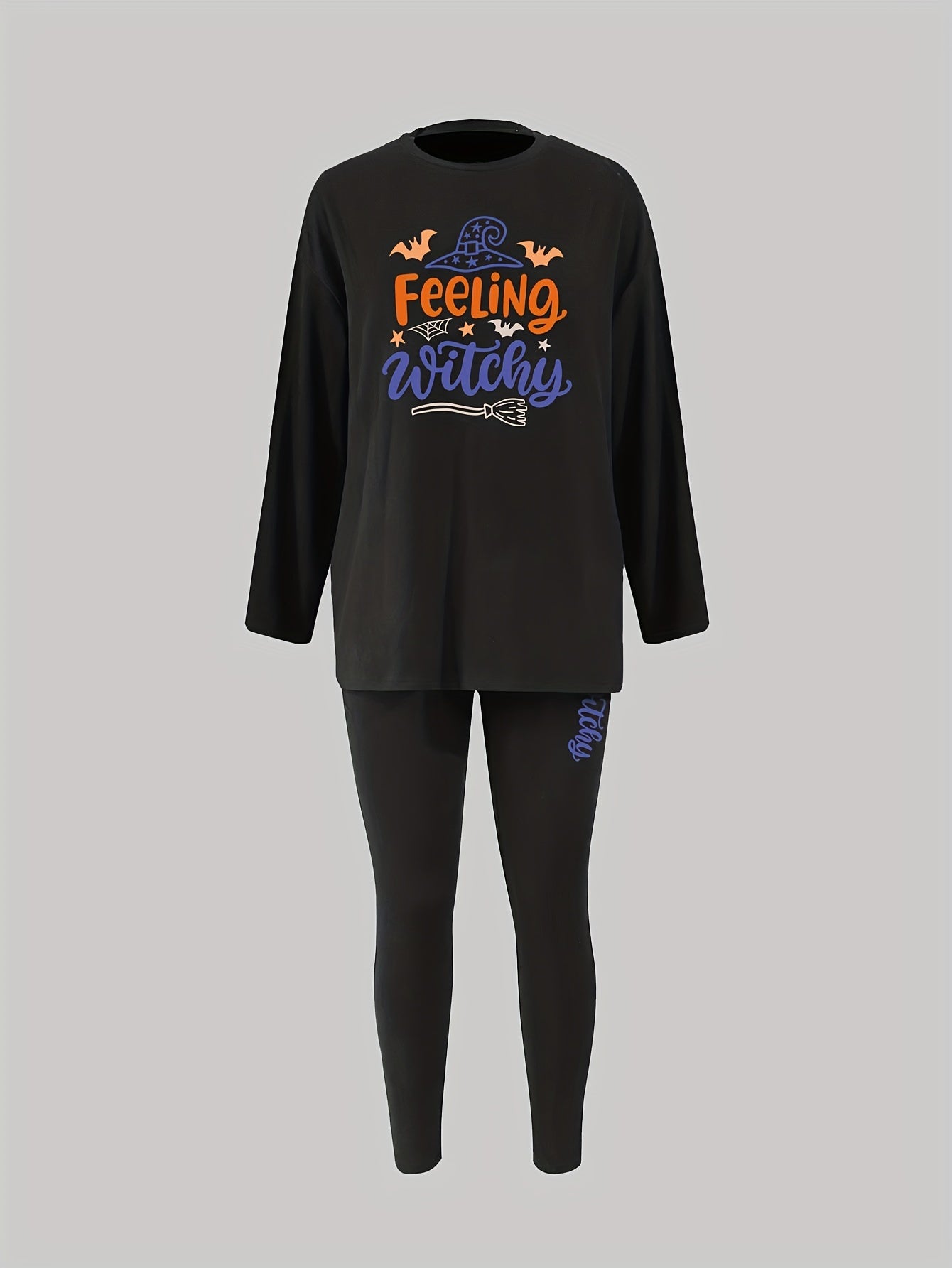 Halloween Witch Hat Pajama Set Women's Plus Tee & Leggings Loungewear