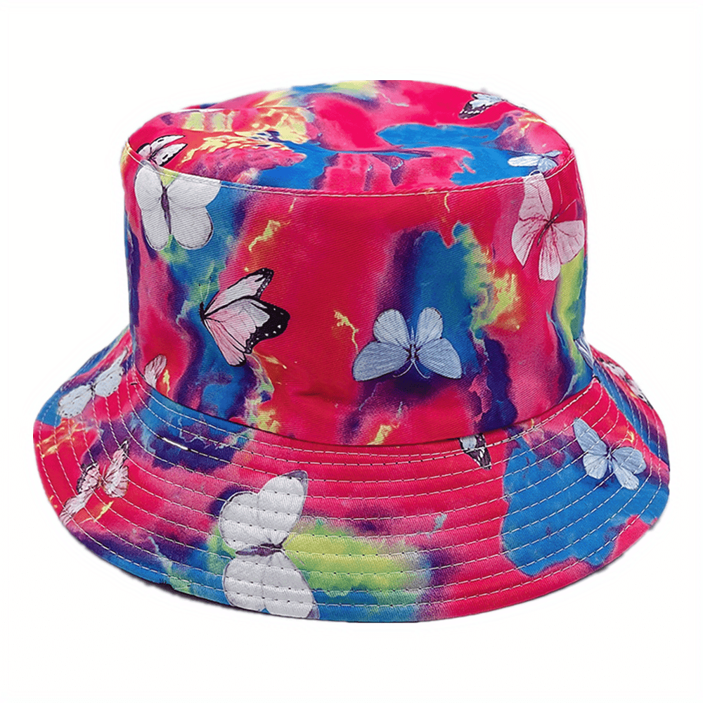 Colorful Butterfly Print Bucket Hat Rose Red Tie Dye Sunscreen Fisherman Cap