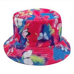 Colorful Butterfly Print Bucket Hat Rose Red Tie Dye Sunscreen Fisherman Cap