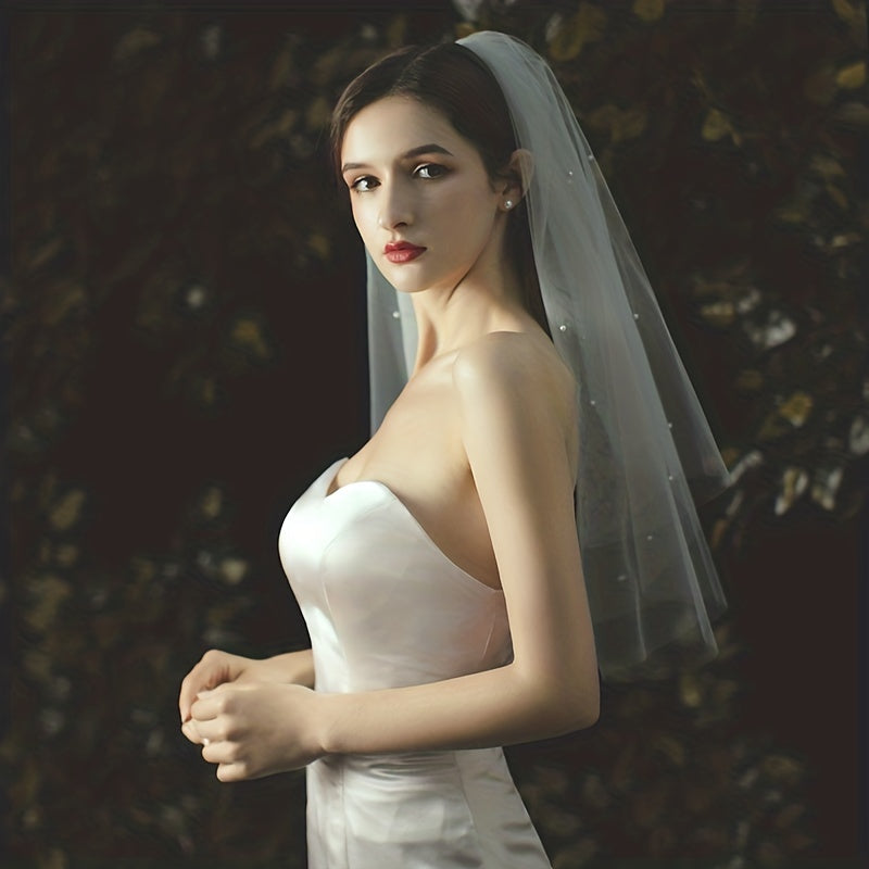 Double Layer Bridal Veil Faux Pearl Beads Mesh Head Piece Wedding