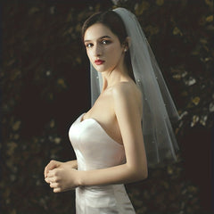 Double Layer Bridal Veil Faux Pearl Beads Mesh Head Piece Wedding
