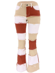 Colorblock Bell Bottom Jeans Wide Legs Raw Trim Pants
