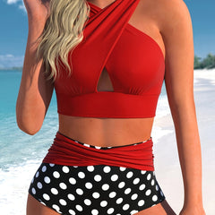 Sexy Bikini Set Cross Halter Top & Polka Dot Print