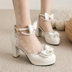 Mary Jane Bow Pearl Ankle Strap Block Heels Lolita Pumps