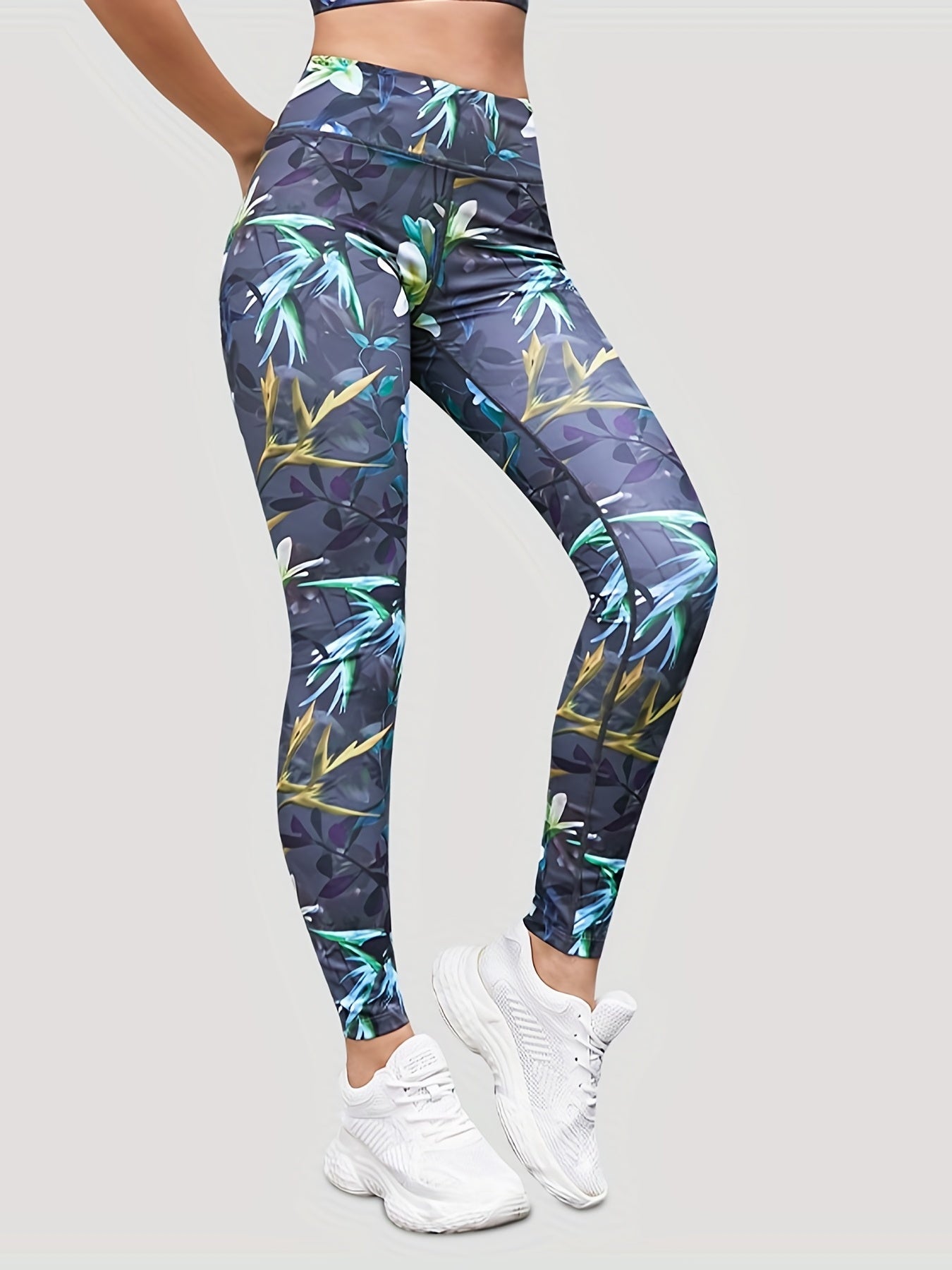 Flower & Leaf Print Leggings Butt Lifting Yoga Pants