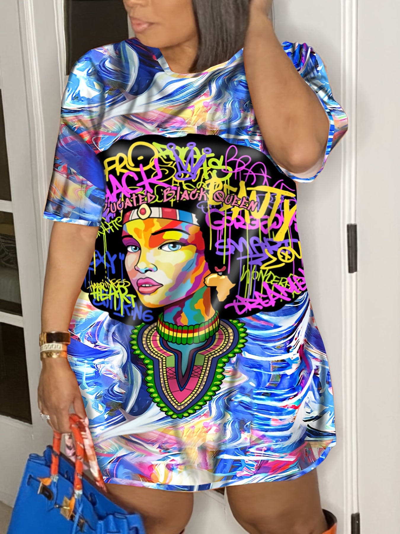 Plus Size Casual Dress Women's Plus Figure & Letter Print Tee Dress