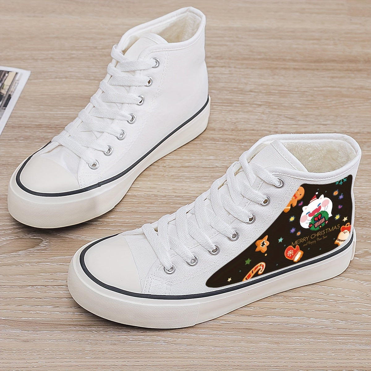 Christmas Cartoon Print Plush Lined Thermal Chunky Canvas Sneakers